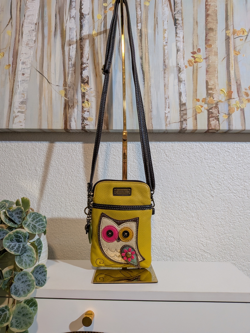 Chala Yellow Owl Purse with Pink & Brown Owl Face Appliqué with a Pink Flower